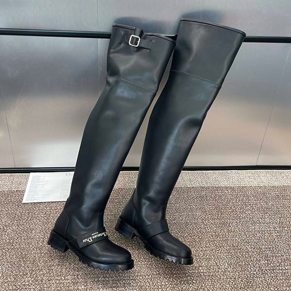 ブティック♪ディオール 偽物 D-Quest ブラックカーフスキン サイハイブーツ deq77172