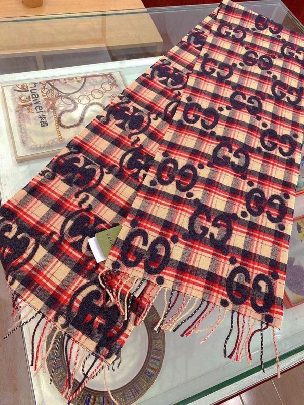 稀少 グッチ GGジャカード チェック ウール スカーフ guq83444 - 画像 (3)