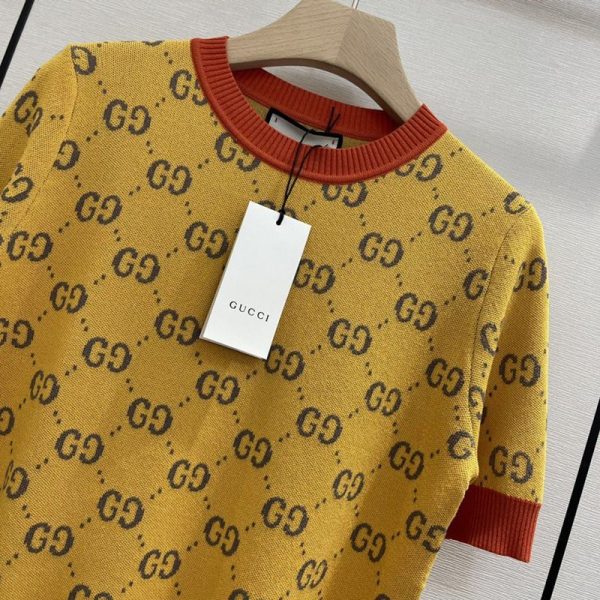 ビーズが可愛い！グッチ 半袖ニットTシャツ コピー イエロー コットン guk18530 - 画像 (3)